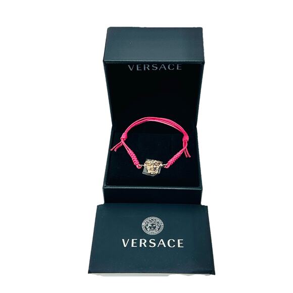 NIB Versace Medusa Head Gold Tone Pink Cord Adjustable Bracelet - Picture 4 of 6